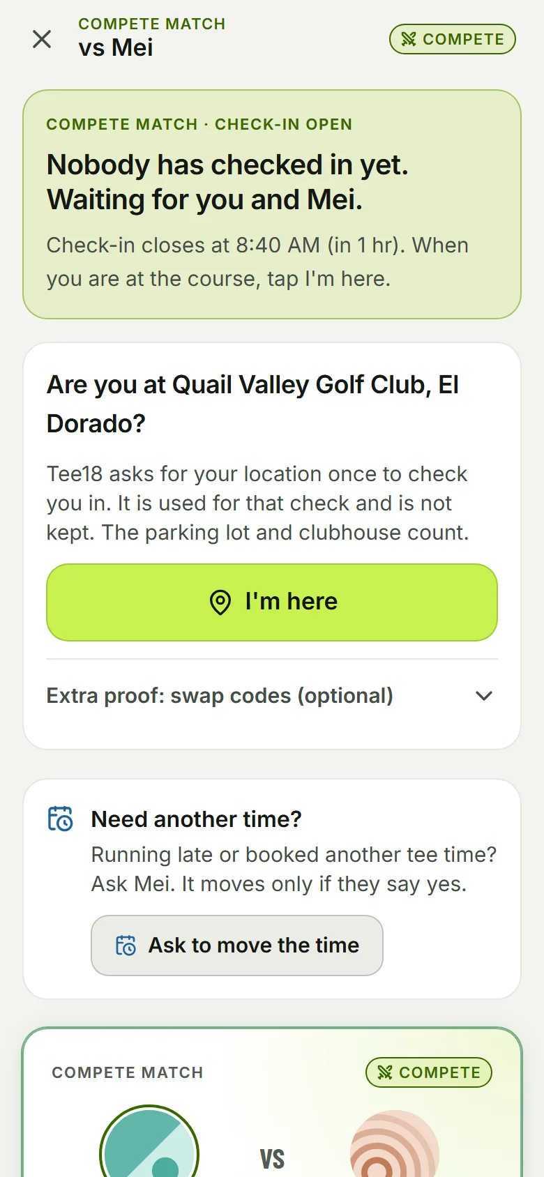 Check-in open on the match: I'm here, and Ask to move the time