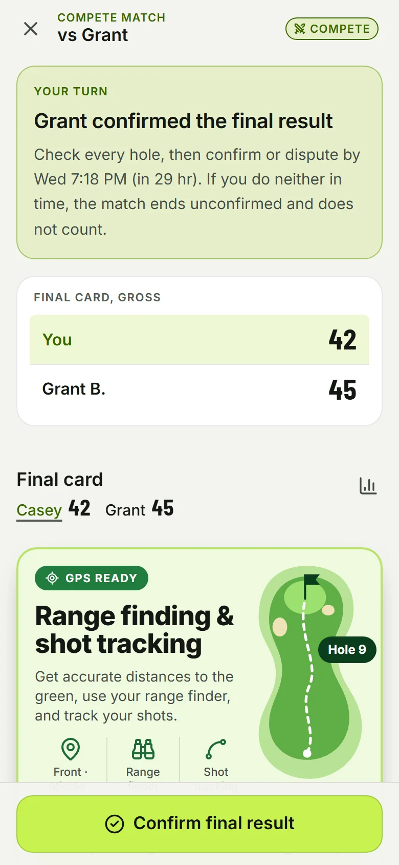 The final card, 42 to 45, with Grant confirmed and Confirm final result