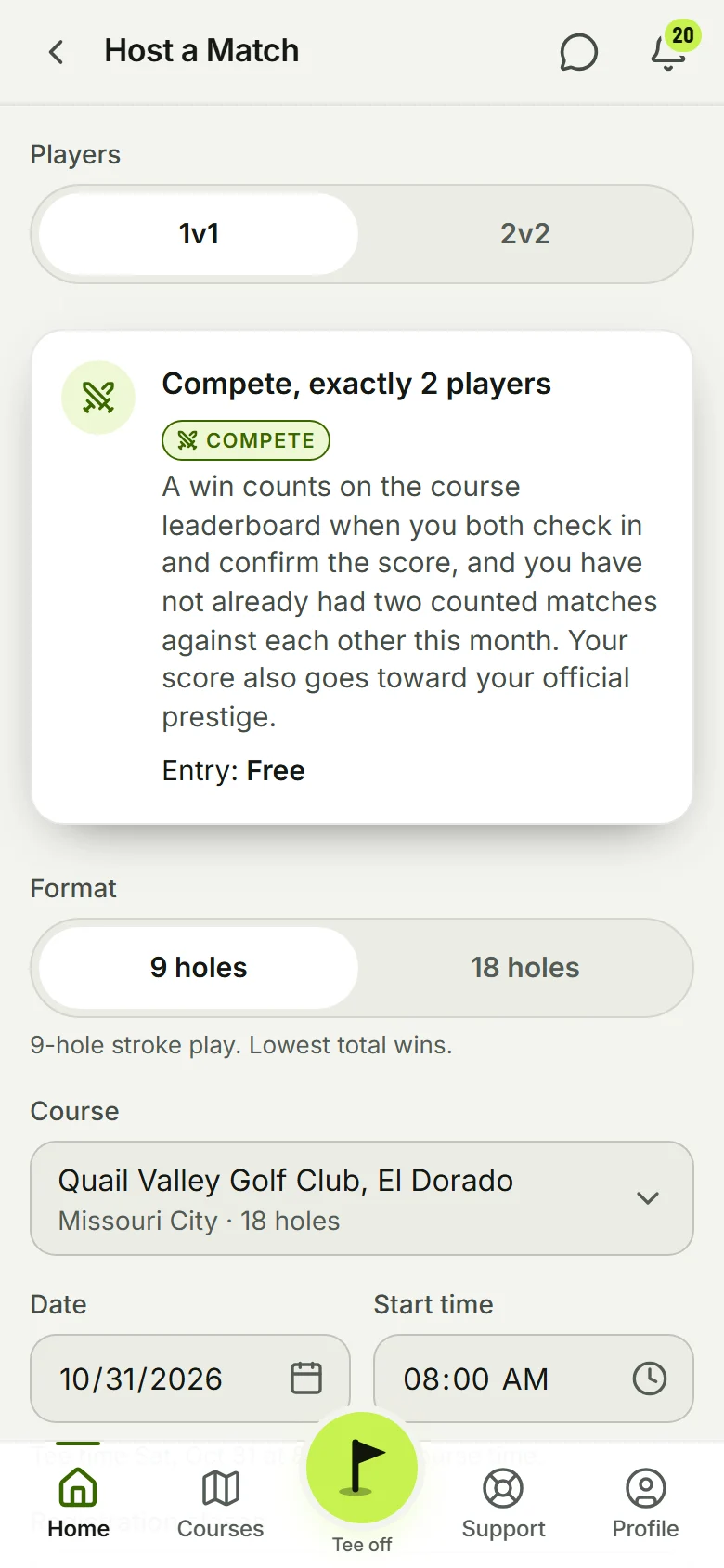 The Host a Match screen: 1v1 or 2v2, the format, the course, the day and time