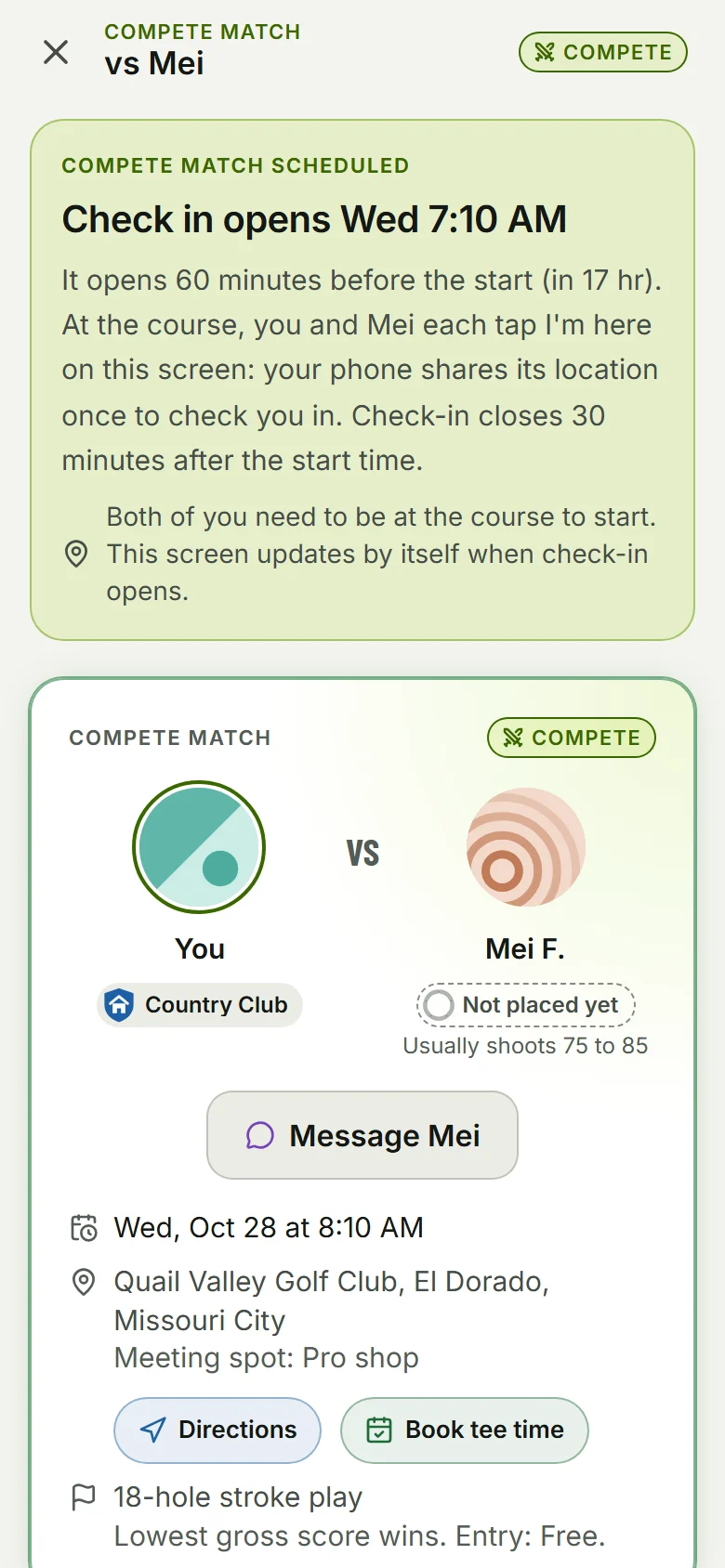 A set Compete match: You vs Mei, with Message Mei, the day, the course, Directions and Book tee time