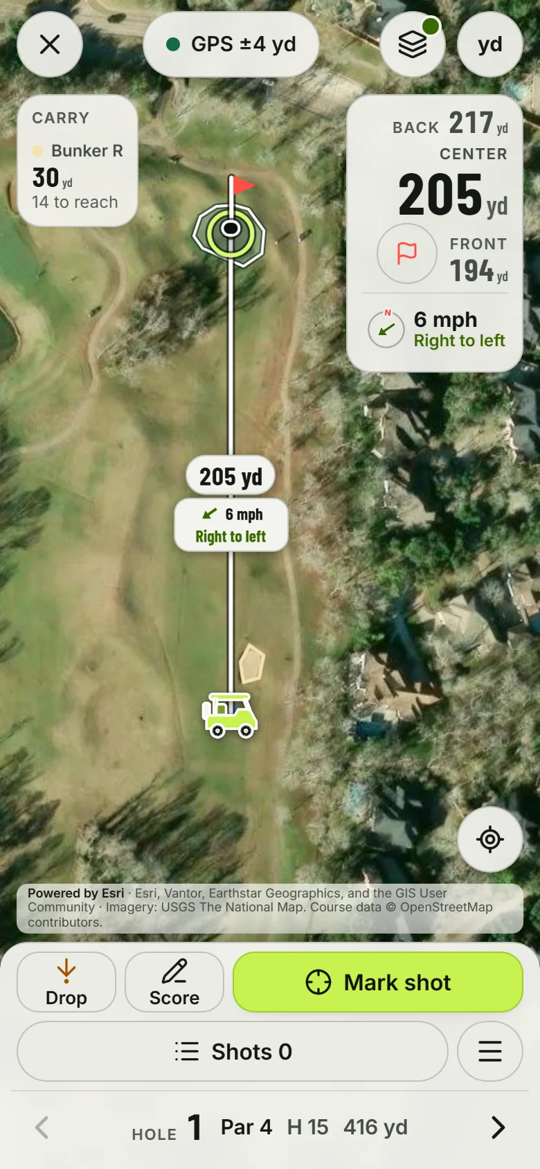 The GPS screen on the satellite photo at Sienna Golf Club: your cart 205 yards from the green