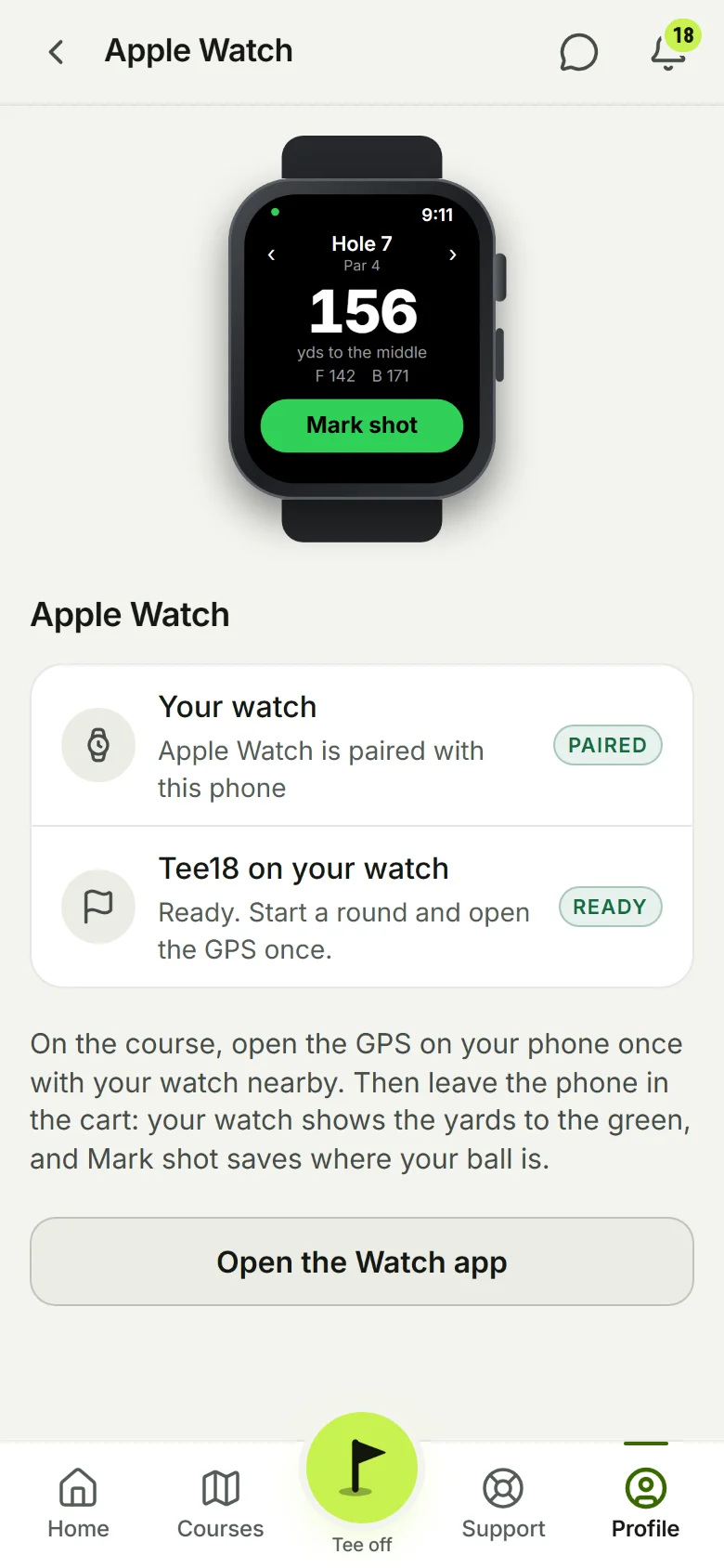 Settings, Apple Watch: the watch face with the hole, the yards and Mark shot